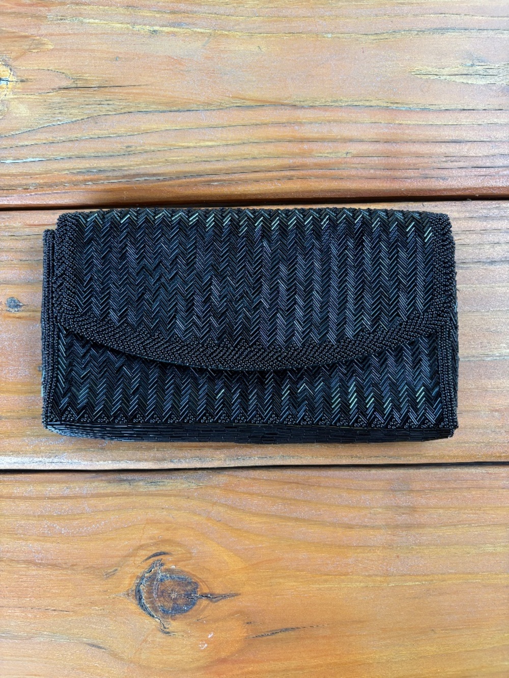 Dayne Taylor Vintage Beaded Black Envelope Clutch Chevron Design Snap Closure